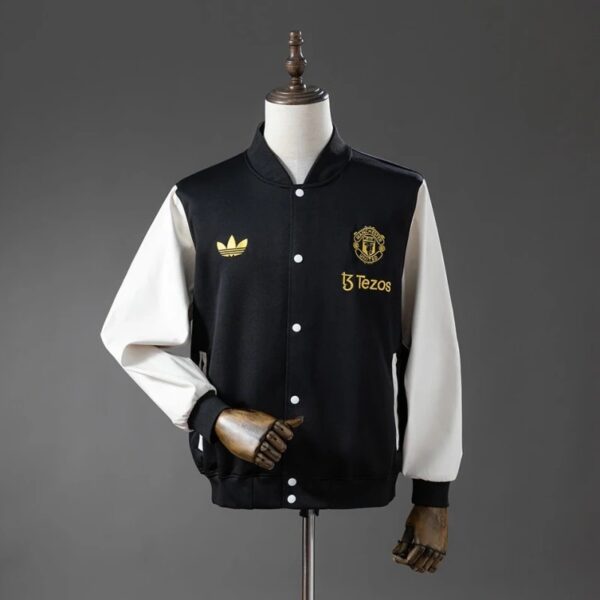 Manchester United White & Black Baseball Jacket – Classic Varsity Edition