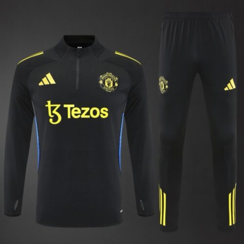 Manchester United 2025/26 Training Tracksuit Black & Yellow 1/4 Zip– Adult & Kids Set